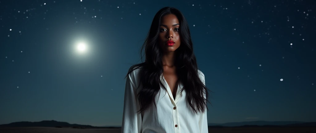 Beautiful woman beautiful attractive perfect face long straight hair in the wind, dark black skin , red lipgloss stick, blonde hair , wearing a white shirt, in the desert cold night