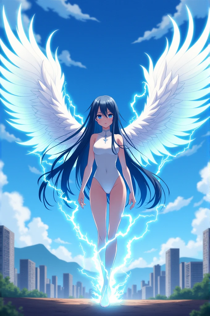 A Boku no Hero Academia oc with long blue-black hair, slanty blue eyes with white skin cute body white wings similar to Hawks', With blue energy or aura, 
