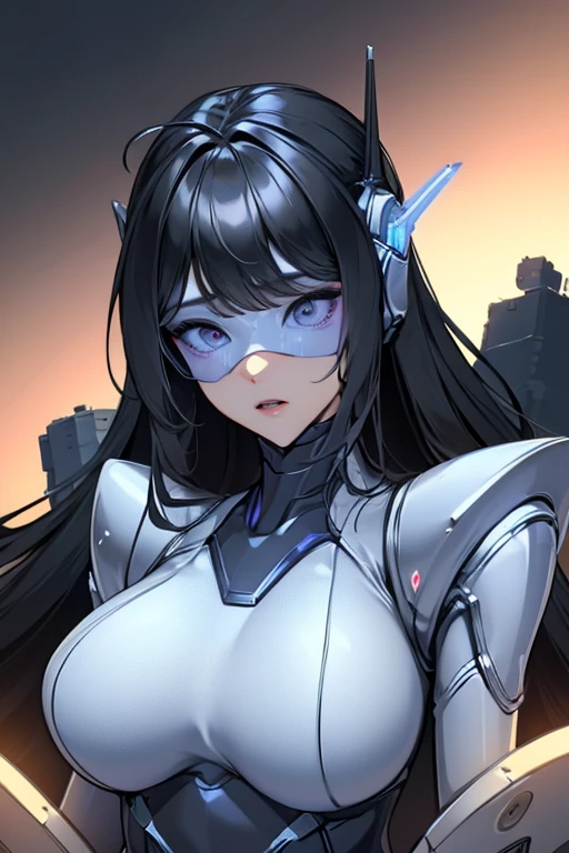 empty eyes,robotized woman ,big bust,Robot Joint ,Metal skin,Black Suit,long hair,a suit that covers the whole body,mechanization,robot, antenna