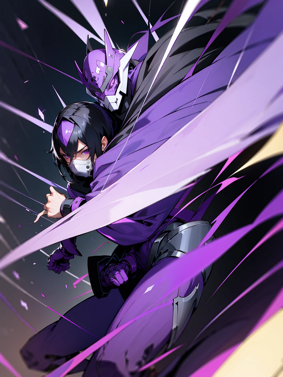 1male, black hair, purple visor, purple eyes, cloak, hood over head, robot mask, purple speed suit, tied to waist, facing viewer, road, modern city, purple cloak