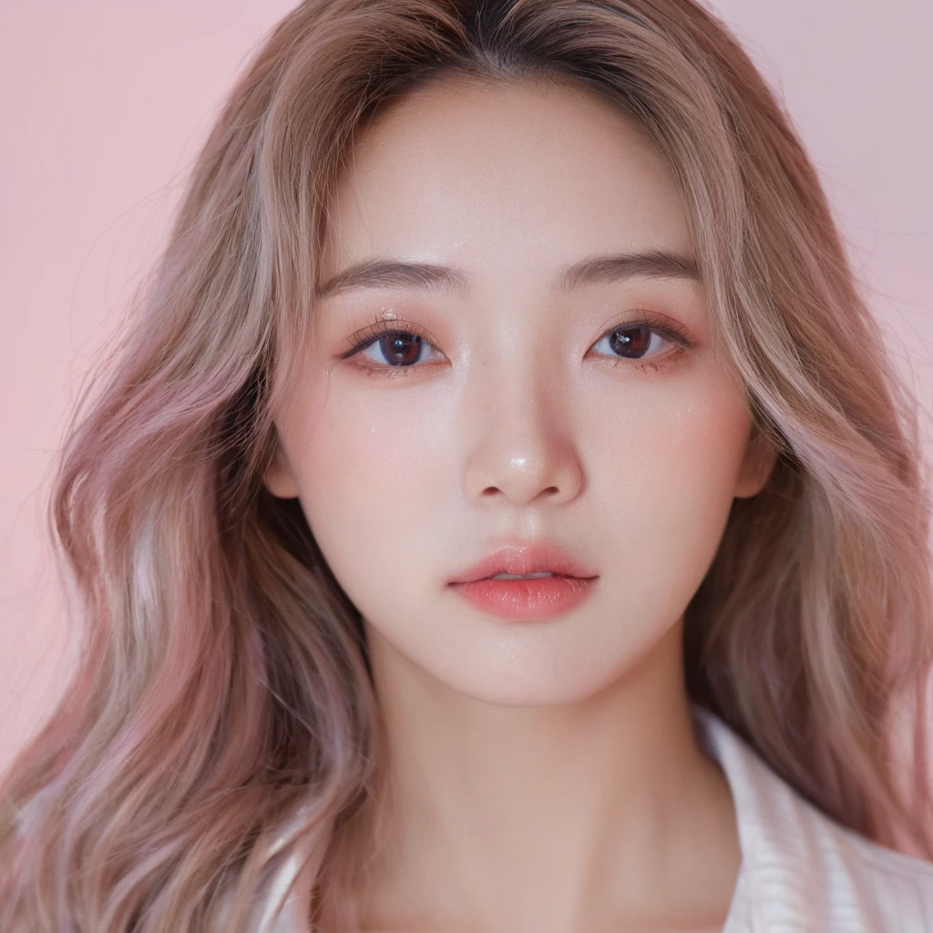 An extraordinarily detailed close-up portrait on the lerft edge of canvas image of korean girl k-pop idol, wide canvas image,  Her face is adorned with detailed skin, natural make up realistic, while her long colorfull hair style., high contrast, upscale sharpness:1.4, soft pink background, unreal engine, The background features a soft contrasting with her, This captivating image was expertly captured with a Fujifilm XT-10 camera, delivering an ultra-high 8K resolution for breathtaking detail. The hyper-realistic photo exhibits the skill of award-winning photography. Natural soft make up, Wet and glossy make up realistic:1.4, Photorealsitic)、(intricate detailes:1.2)、(​masterpiece、:1.3)、beauty face, (top-quality:1.4)、(超A high resolution:1.2)、超A high resolution、(A detailed eye), ((Realistic lighting、top-quality、8K、natural light, ​masterpiece:1.3))、bright photo, Clear focus:1.2、1girl in、flawless beauty:1.4、Superfine Face、big Narrow-eyed、double eyelid、photos realistic, looking viewer, front view, potrait, raw photo, simple soft pink background, (Highest quality:1.3), (sharp focus:1.5),  (photorealistic:1.4), (detailed face),  cinematic colorgrading film, dramatic scenes, photography, RAW, Masterpiece, ultra wide angle, Ultra Fine Photo, Best Quality, Ultra High Resolution, Photorealistic, volumetric light, Stunningly Beautiful, Delicate Face, Vibrant Eyes, RAW photo, natural make-up, photo position on the left edge, ultra soft detailed contrast