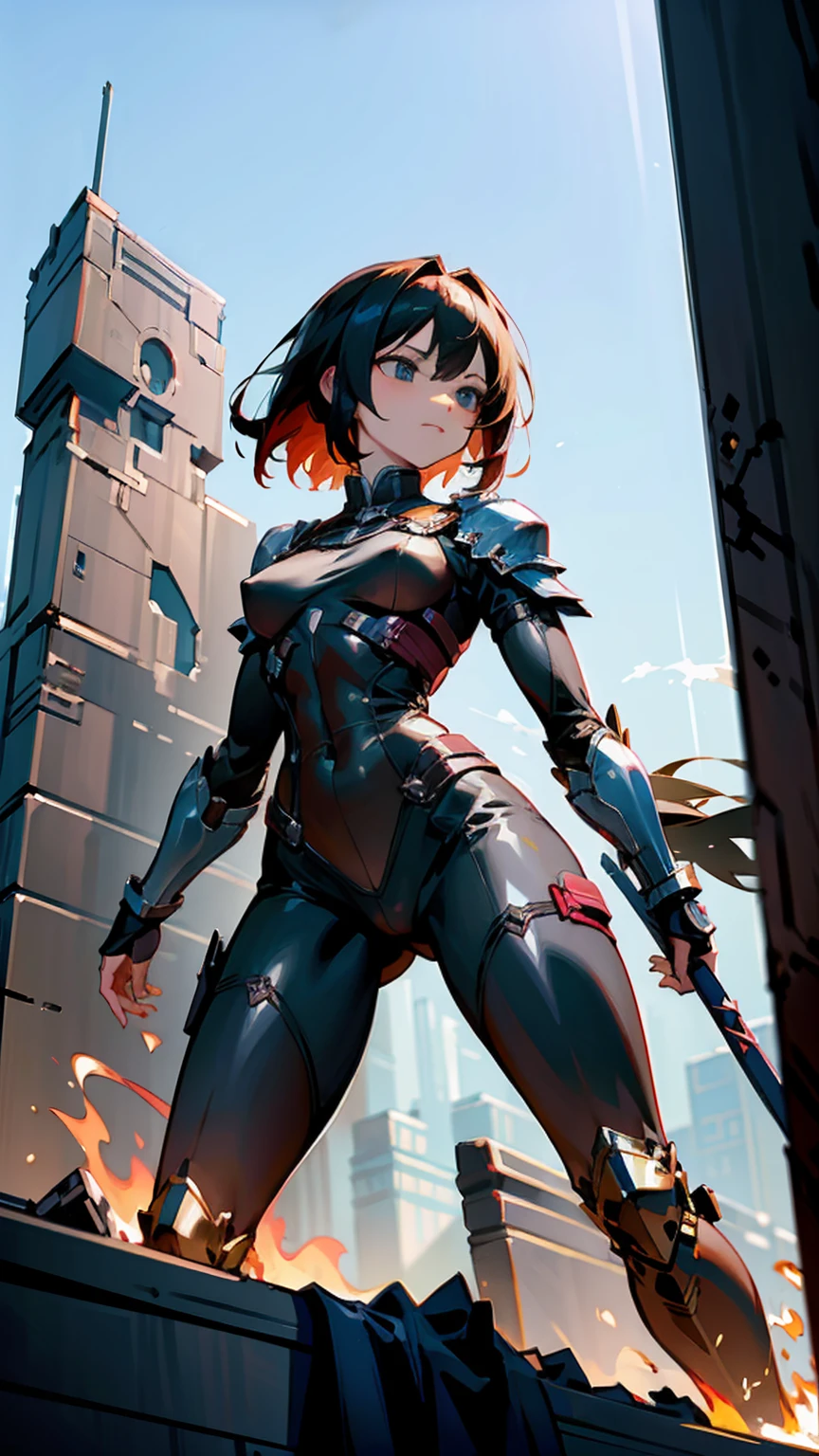 Giantess Warrior Princess ((fierce and captivating)), each step causes the ground to quake, (masterpiece, intricately detailed), eyes glowing with fierce determination, lips set in a confident grin, (1 giantess, solo, tall, muscular yet feminine, exuding warrior spirit and sensuality), long, flowing black hair blowing in the wind, (tight armor hugging her curves and emphasizing her towering frame), standing among tiny soldiers who look like ants beneath her, (perspective from below, soldiers gazing up at her in awe), fierce and dominant, (one hand gripping a massive spear, the other resting on her hip), tiny soldiers running between her legs, emphasizing the dramatic size difference, (battlefield filled with warriors and weapons), Background: A grand battlefield where her towering presence dominates both friend and foe. (Inspired by Mikasa Ackerman)

