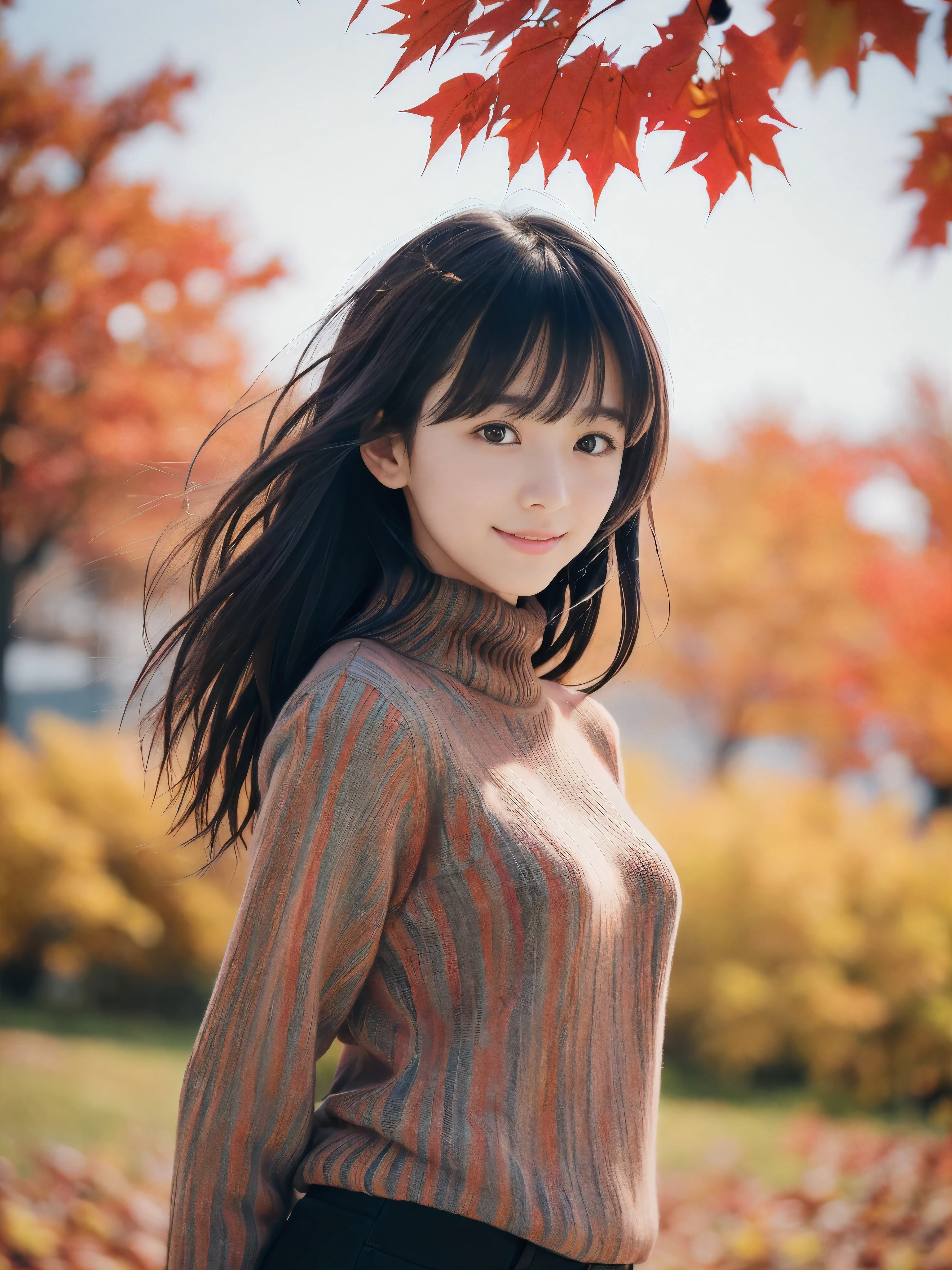 (Face shot of one slender small breasts two side up black medium hair bangs girl in autumn colorful shirt and sweater
:1.5)、(One girl is turn around with small smile and her hair is blowing 
by the wind
:1.5)、(Beautiful red leaves and autmn mountain:1.5)、(Soft filter:1.5)、(8k ultra detailed master piece:1.5)、(perfect anatomy:1.5)、(Photorealistic stick:1.5)、(Raw photo:1.3)、(highest quality:1.5)、(High resolution:1.3)、(Delicate and beautiful perfect face:1.3)、(Delicate and beautiful eye air skin:1.3)、(Real Human Skin:1.3)、((thin legs))