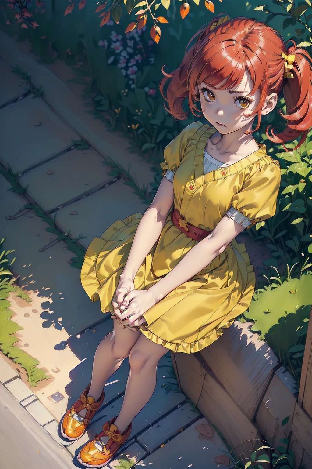 ((top quality, ultra-detailed, high resolution, extremely detailed CG, unity 8k wallpaper, by famous artist, perfect anatomy, super detailed skin, cinematic lighting, UHD, retina, anatomically correct, 1080P)), (Please draw a single one girl walking in the Japanese suburbs:1.3), ((1girl)), (Solo, face,13-year-old:2.0), a junior high school student, ((cute petit girl, chibi, babyface)) androgynous charm, (Medium hair, ((full red hair)) ((redhead)), pigtails, straight bangs, with a bow in her hair, ((very thin legs)), ((skinny legs, thin body, small build)), Full limbs, complete fingers, ((perfect fingers and hands)), flat chest, small breasts, childish body, small butt, groin, Beautiful detailed full yellow gold eyes, perfect eyes, ((cute kawaii green with orange dress)) (Detailed Lighting), ((Japanese suburbs)), (Detailed scenary background), full body view, Cute, kawaii single girl (one girl), full body shot, ((little young  body:1.3)), ((long skirt)), ((shoes)), ((red hair girl:1.3)), ((A natural, correctly proportioned hands))