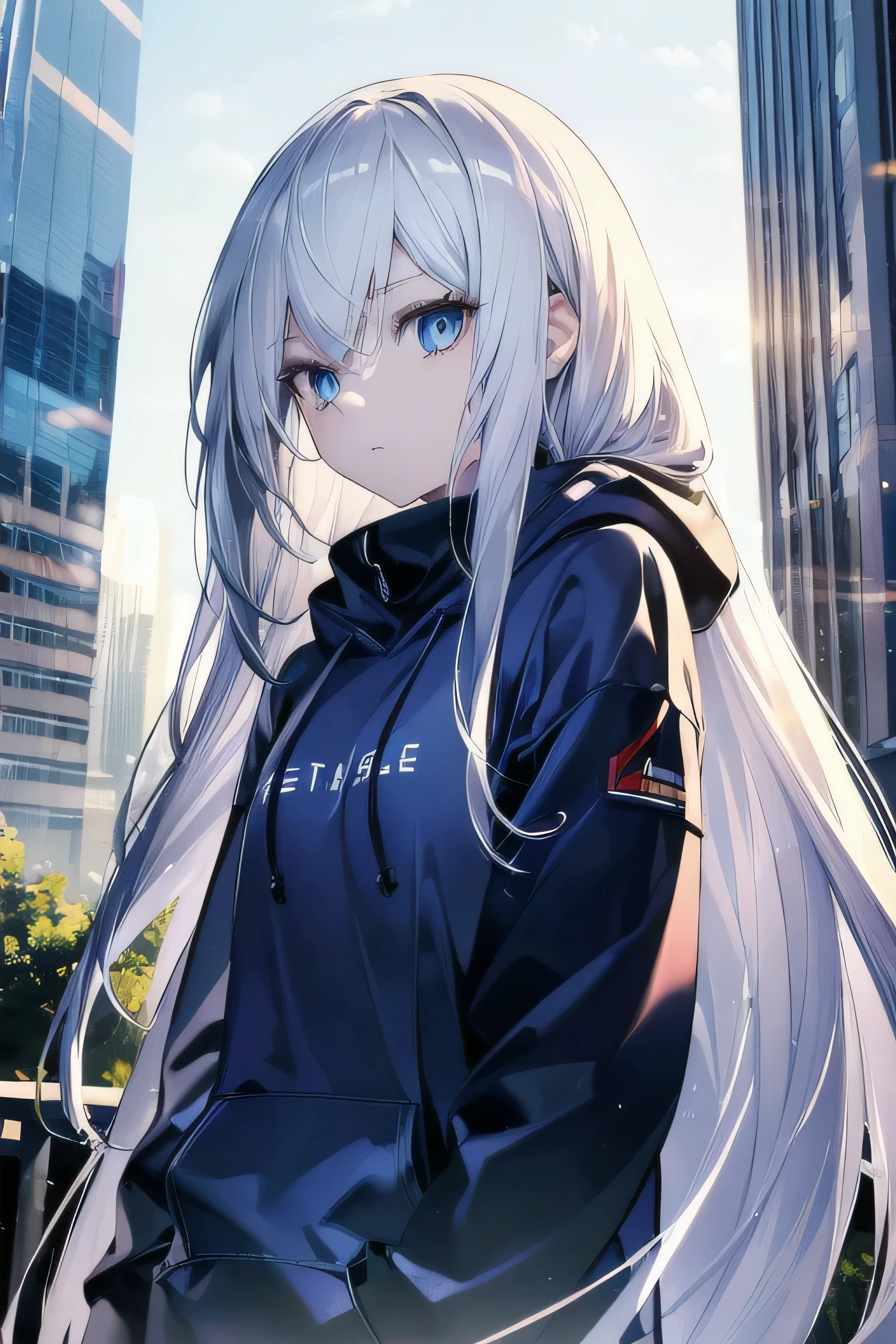 ((masterpiece)), ((best quality)), ((best illustration)), ((ultra-detailed)),((photorealistic color)), 1 lady, solo, teenager, absurdly long hair, white hair, straight hair, ((blue eyes)), ((ultra detailed eyes)), ((ultra detailed face)), gloomy, hoodie, thin body, thin arms, long arms, buildings, daylight, backlight