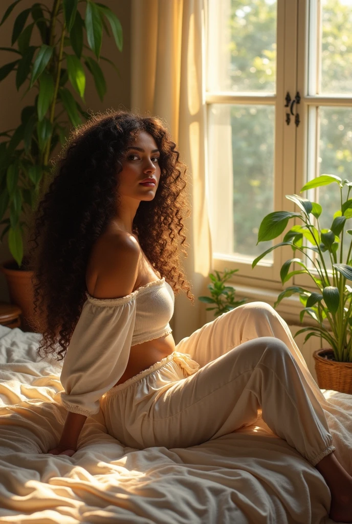 (photorealism:1.2), beautiful woman, sitting on bed, wearing loose off-shoulder top, pajama pants, long curly hair, indoors, soft lighting, plants in background, window with sunlight, cozy room, relaxed pose, realistic, intricate details, warm colors, by Greg Rutkowski, by Alphonse Mucha Millie Bobby Brown