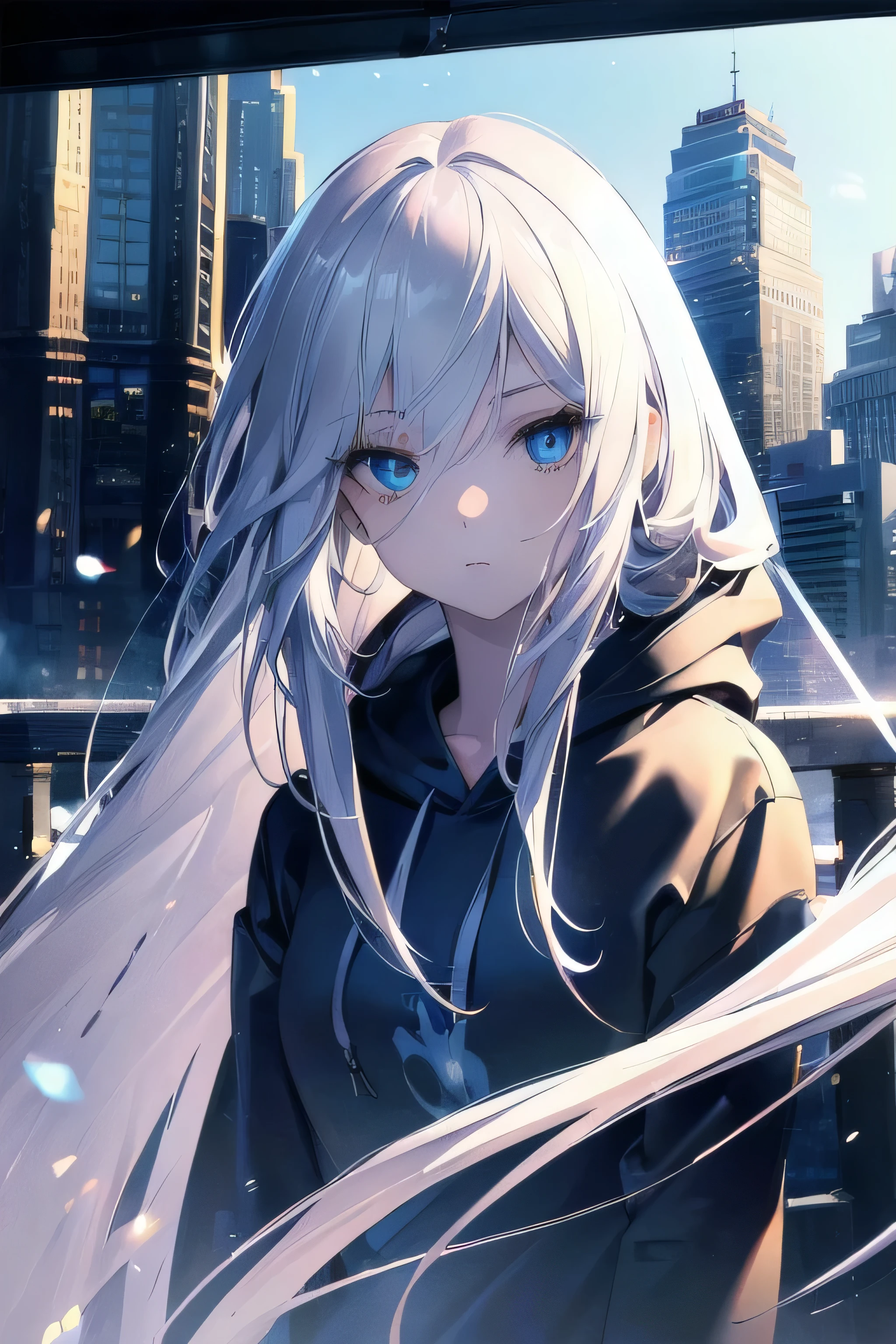((masterpiece)), ((best quality)), ((best illustration)), ((ultra-detailed)),((photorealistic color)), 1 lady, solo, ager, absurdly long hair, white hair, straight hair, ((blue eyes)), ((ultra detailed eyes)), ((ultra detailed face)), gloomy, hoodie, thin body, thin arms, long arms, buildings, daylight, backlight