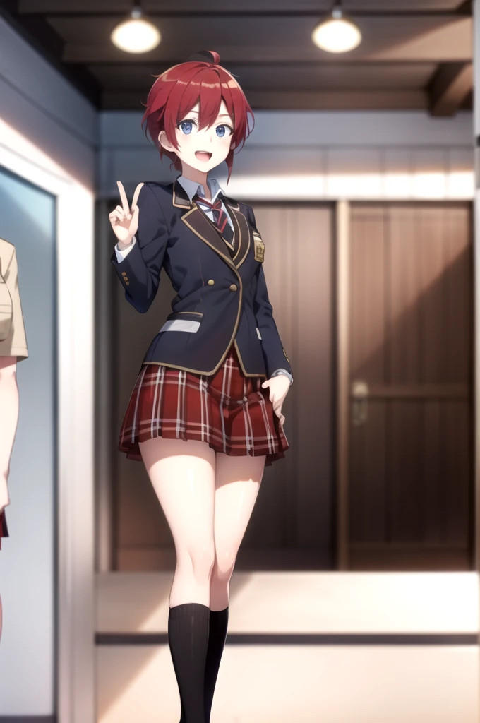 Highest quality, masterpiece, Very detailed,
Aoi Sakurai RW,
Open your mouth, A light smile,
blue eyes, Redhead, short hair, ミディアムshort hair,Boyish hairstyles, school uniform, blazer, tie, Red Skirt, pantyhose,
Are standing, Looking at the audience,
classroom