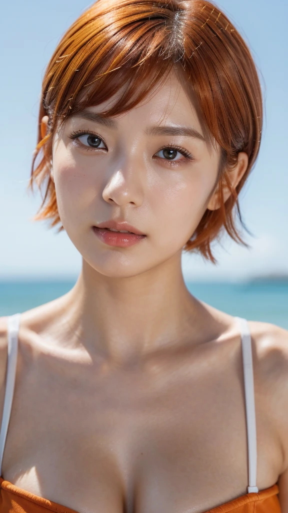 Model actress、One Woman、cool、Japanese and half European、Close-up of face、30 generation beauty、Realistic Skin、4K images、bright orange hair、Short Hair、Seaside