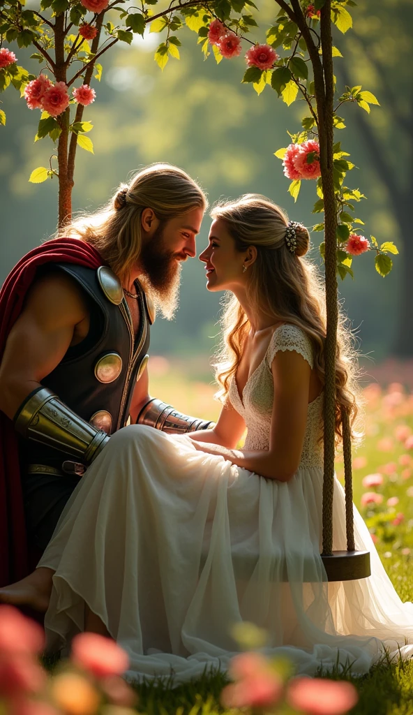 Give me a picture of thor making love to a lady, sitting on a swing in a park