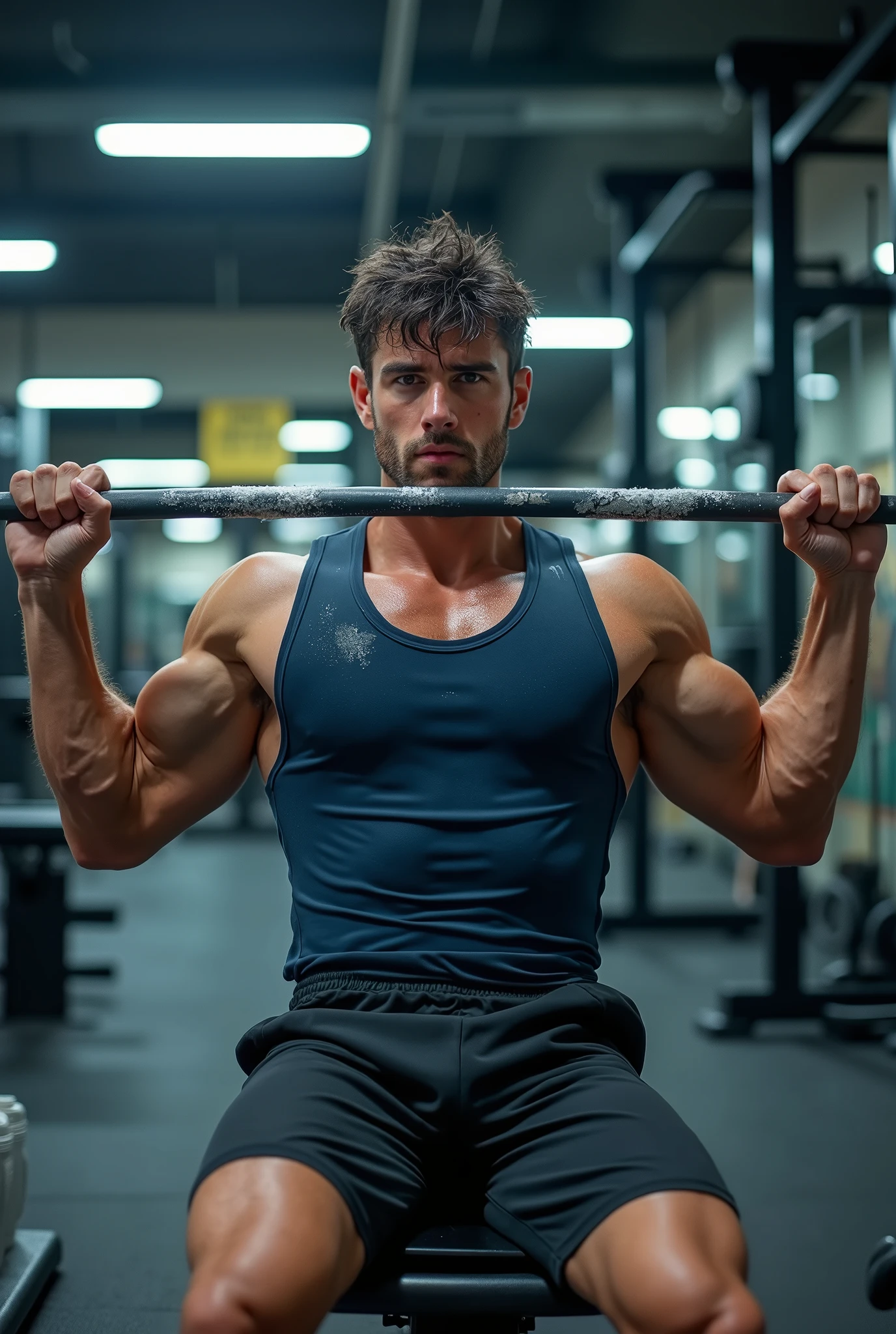 Create me several images of a 70 kg man training in a gym
