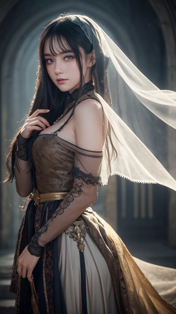 sakimiChanStyle, Urop Style, Portraiture, Detailed painted face, Beautiful woman, Fuller lips, Opaque Veil, Medieval Veil, Head rail, 12th century, Eyes with heterochromia, Rainbow Eyes, Medieval costume, Brot, Lord of the Rings Gown, Near perfect, Beautiful anime style, Character Panorama, Beautiful and detailed face, Shining Shadow, Beautiful gradation, Depth of written boundary, Beautiful graphics, high quality, Attention to detail, High resolution, Luminous Studio Graphics Engine