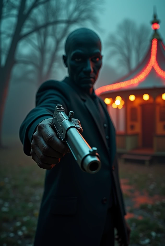 masterpiece, photorealistic highly detailed 8k photography, best cinematic quality, volumetric lighting and shadows, sharp intricate details,reflective hdsrmr, (gun), dynamic pose, AbandonCarnival Haunted House background