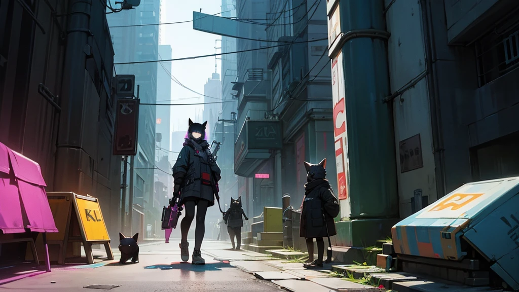 2 retro style cats surviving in a cyberpunk world