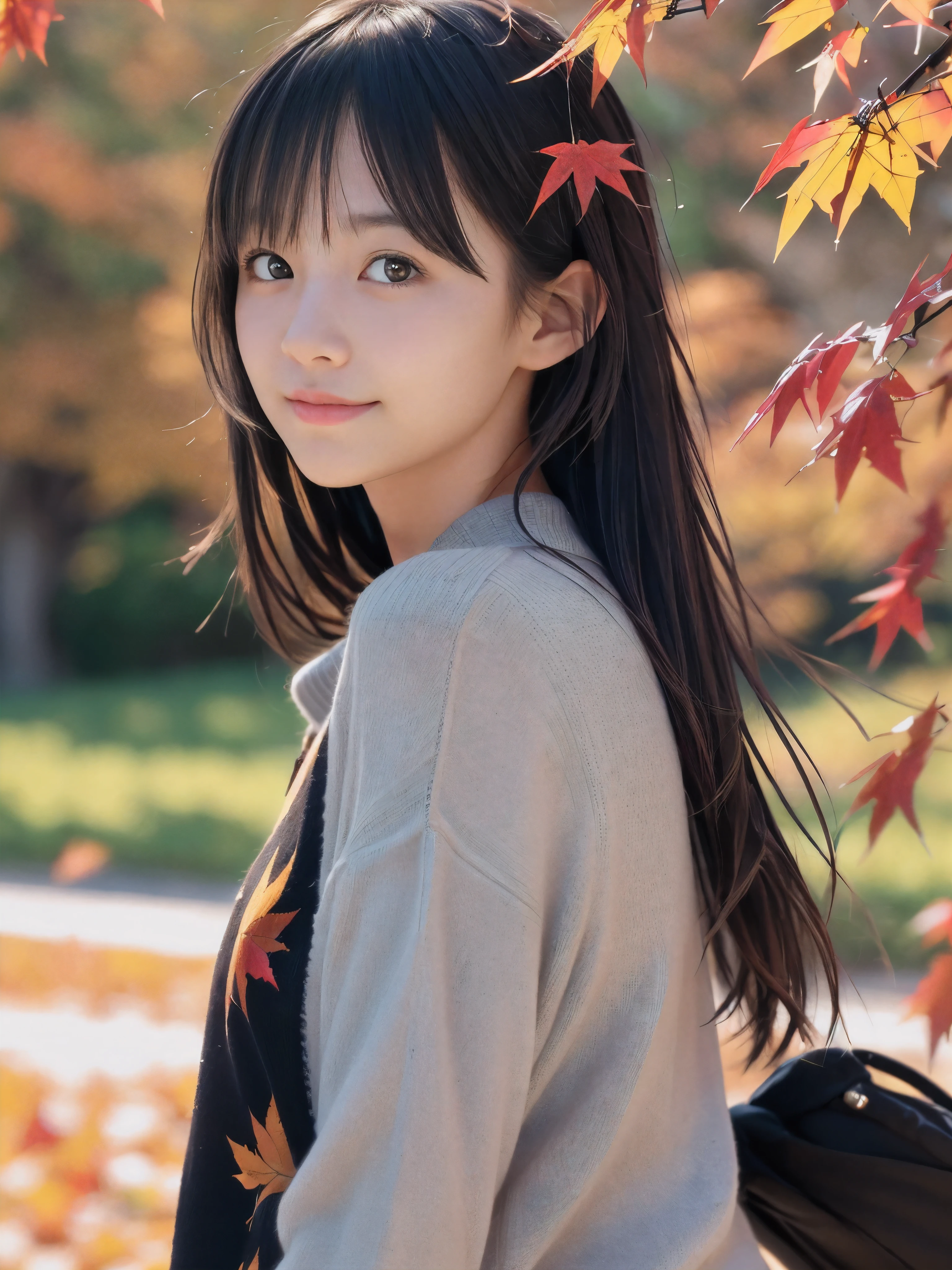 (Face shot of one slender small breasts two side up black medium hair bangs girl in autumn colorful shirt and sweater
:1.5)、(One girl is turn around with small smile and her hair is blowing 
by the wind
:1.5)、(Beautiful red leaves and autmn mountain:1.5)、(Soft filter:1.5)、(8k ultra detailed master piece:1.5)、(perfect anatomy:1.5)、(Photorealistic stick:1.5)、(Raw photo:1.3)、(highest quality:1.5)、(High resolution:1.3)、(Delicate and beautiful perfect face:1.3)、(Delicate and beautiful eye air skin:1.3)、(Real Human Skin:1.3)、((thin legs))