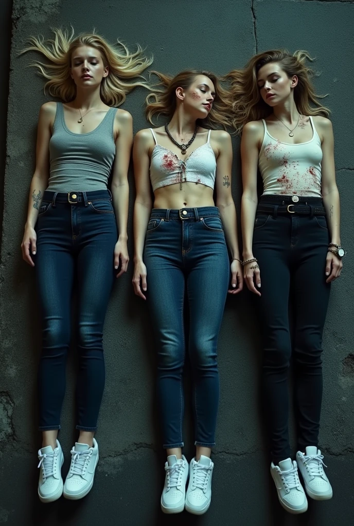 (( three 20s blonde danish women)), dark blue tight skinny jeans, belt, nike white air force one sneakers, , (((full view))), full body view, lying on the steet,  and bloody skin, blood, scratches, bruise, sleeping, lifeless, eyes closed, mouth open, necklace, , wristwatch, bracelet, dead, showing armpit and belly button,  pose, street view
