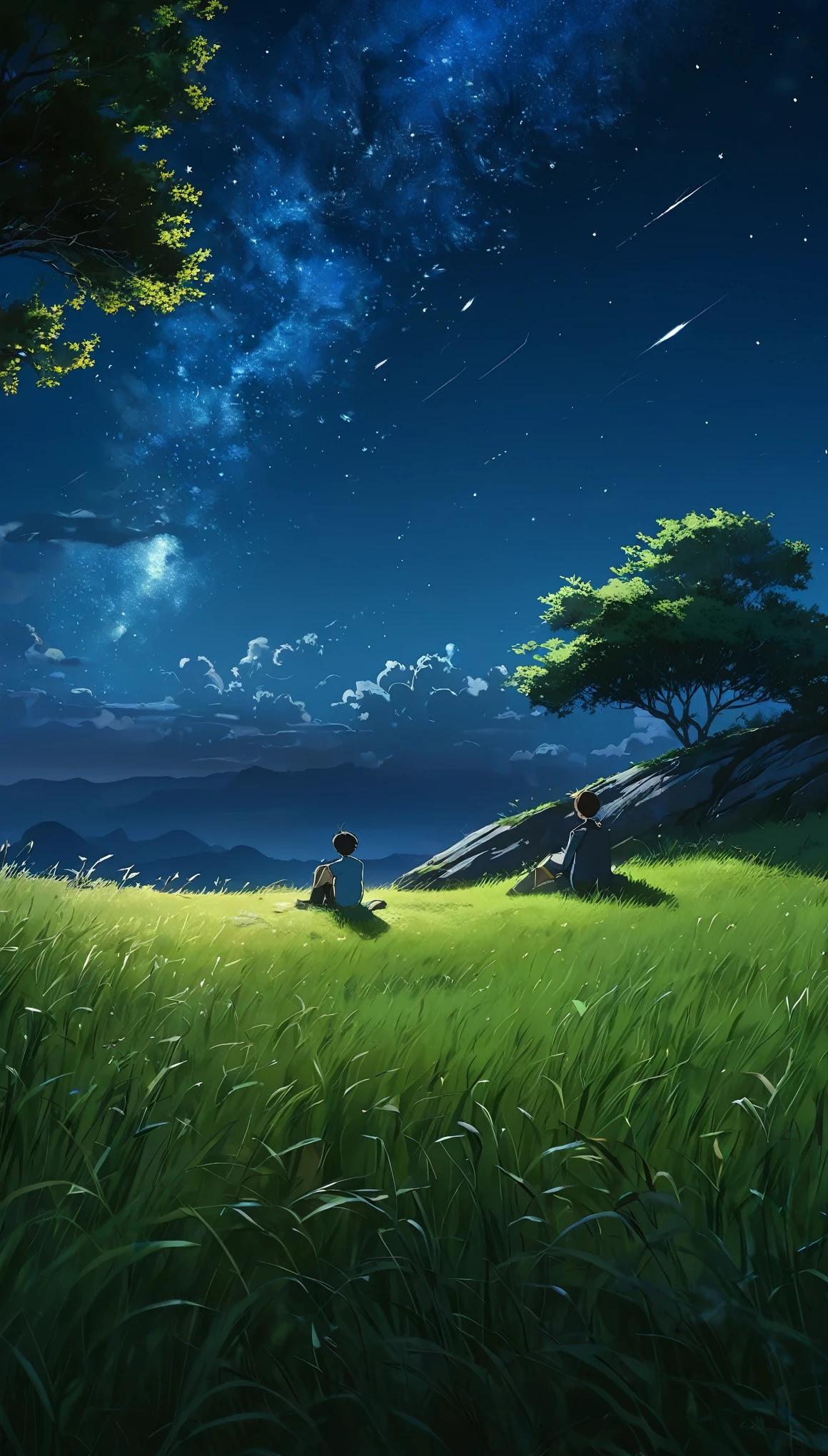 A boy sitting under a tree near a cliff in the grassland , seeing a vast night sky with fluffy clouds and brush strokes , Tall Grass Stone, , Makoto Shinkai Cyril Rolland, アニメart壁紙 4k, アニメart壁紙 4k, animated background, アニメart壁紙 8K, animated background art, anime landscape wallpapers, Awesome Wallpapers, High-resolution wallpapers, 4k anime wallpaper, 4k anime wallpaper, 牡羊座モロスart,art：Bob Bialy , アシュリーウッドartAI, Greg Rutkowski(Broke Effect)(Shining point)(Glowing Firefly) night