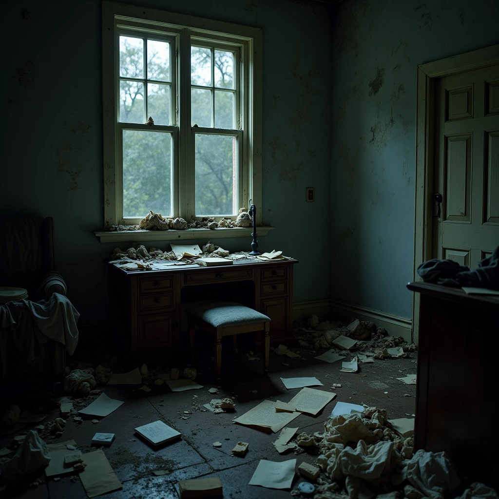 A dark, messy man's room with a letter visible.
