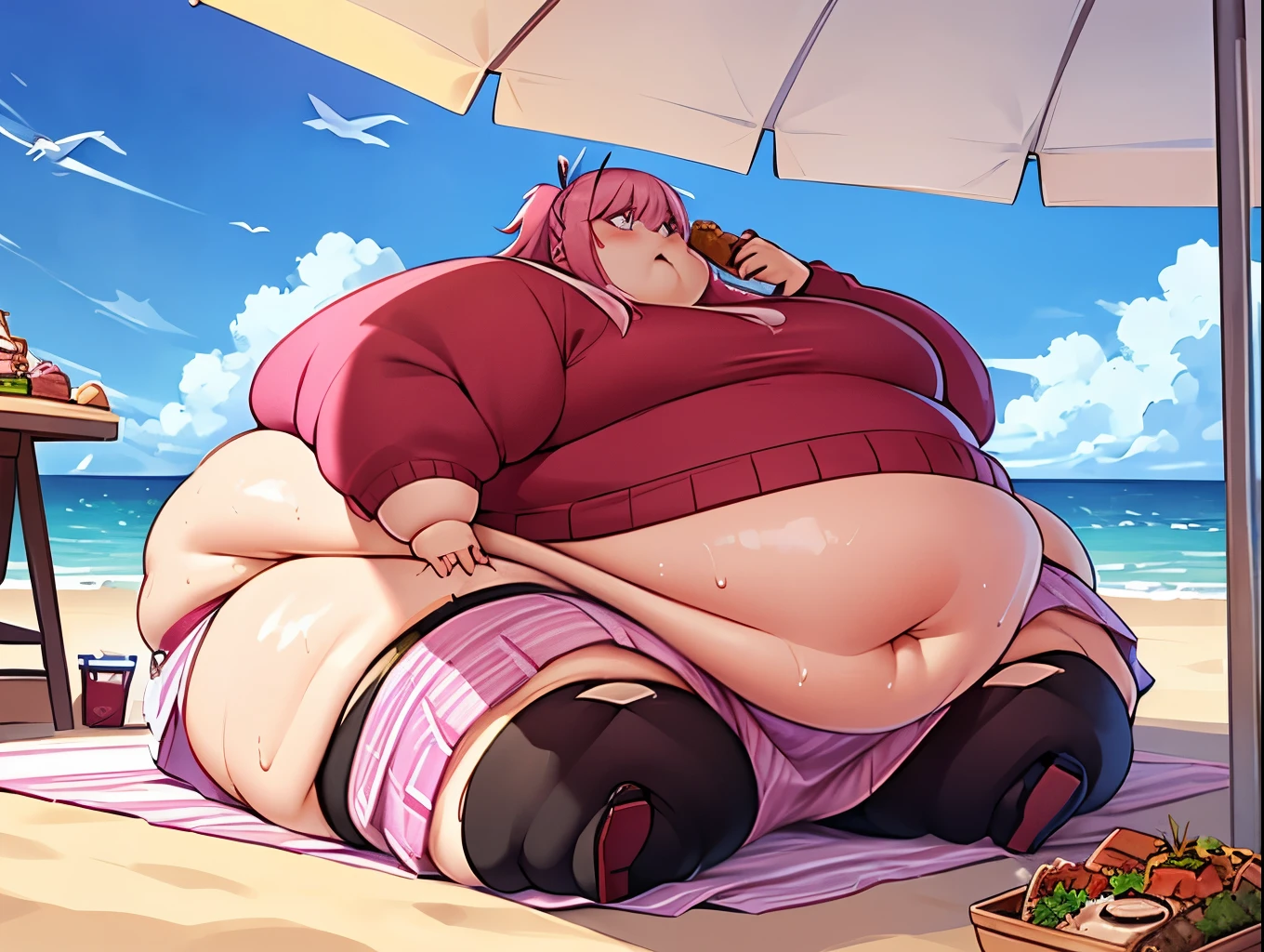 Extremely obese young woman, fat blob, far rolls, immobilized by her weight, very short neon pink hair, a big belly, saggy belly, gluttony, hanging belly, sitting on a beach chair, sweaty , wearing a hot pink skirt and large sweater, stuffing face with food