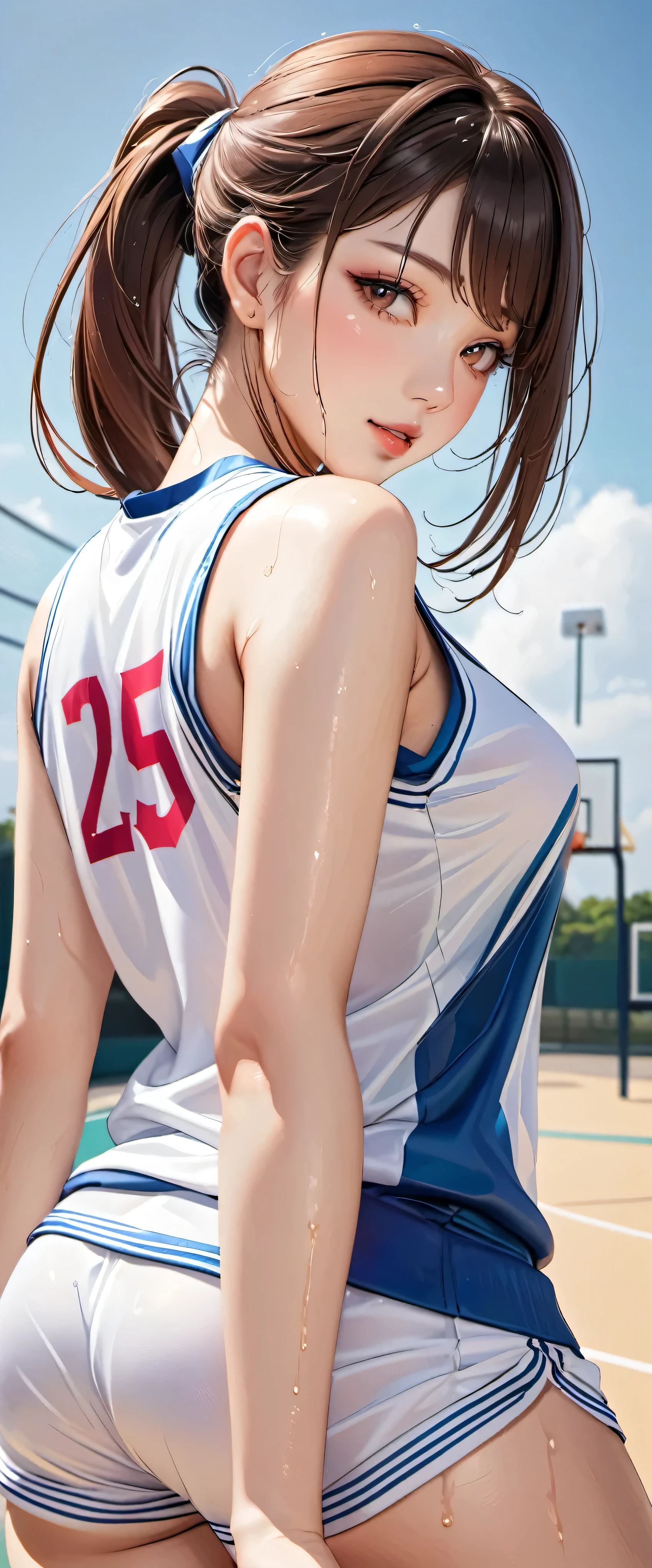 (masterpiece,Highest quality,Ultra-high resolution),Japanese women, (((Very beautiful 25 year old girl))), pretty girl、Look at the photographer、 ((Beautiful low ponytail)), Very cute face, Glossy Lips, Double eyelids on both eyes,Natural smile、 Natural Makeup, Long eyelashes, Shiny and smooth hair、Center image, Perfect limbs, Perfect Anatomy,(((Basketball Sleeveless Uniform)))、,(Wet with sweat),,Looking Back