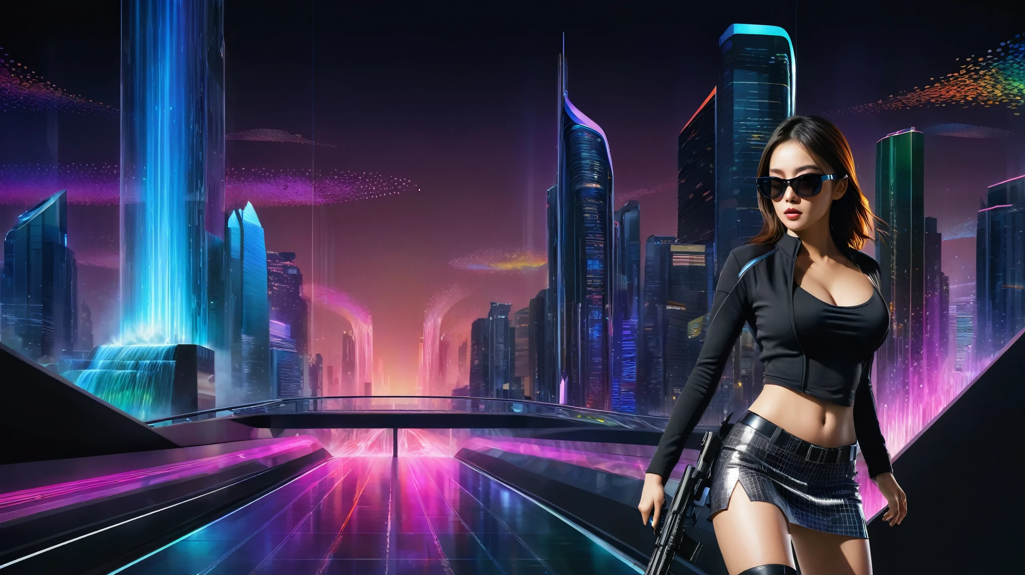 Futuristic cityscapes with colorful all-glass towering skyscrapers, sleek aerodynamic vehicles speeding through the air, rainbow colors waterfalls. High-resolution OLED GUI interfaces in the building, The windows are filled with transparent data visualization infographics that show it all, from weather patterns to traffic flow, Matrix cascading code. Colors are saturated and vibrant. At night, (1girl, solo), photo realistic, medium-breast:1.3 slim body, cleavage, sexy costume, miniskirt, (matrix style black sunglasses, holding a short gun), half-body thigh level medium shot, cinematic lighting, ray tracing.