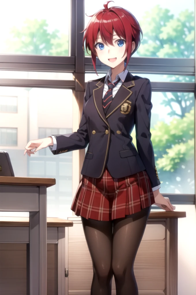 Highest quality, masterpiece, Very detailed,
Aoi Sakurai RW,
Open your mouth, A light smile,
blue eyes, Redhead, short hair, ミディアムshort hair,Boyish hairstyles, school uniform, blazer, tie, Red Skirt, pantyhose,
Are standing, Looking at the audience,
classroom