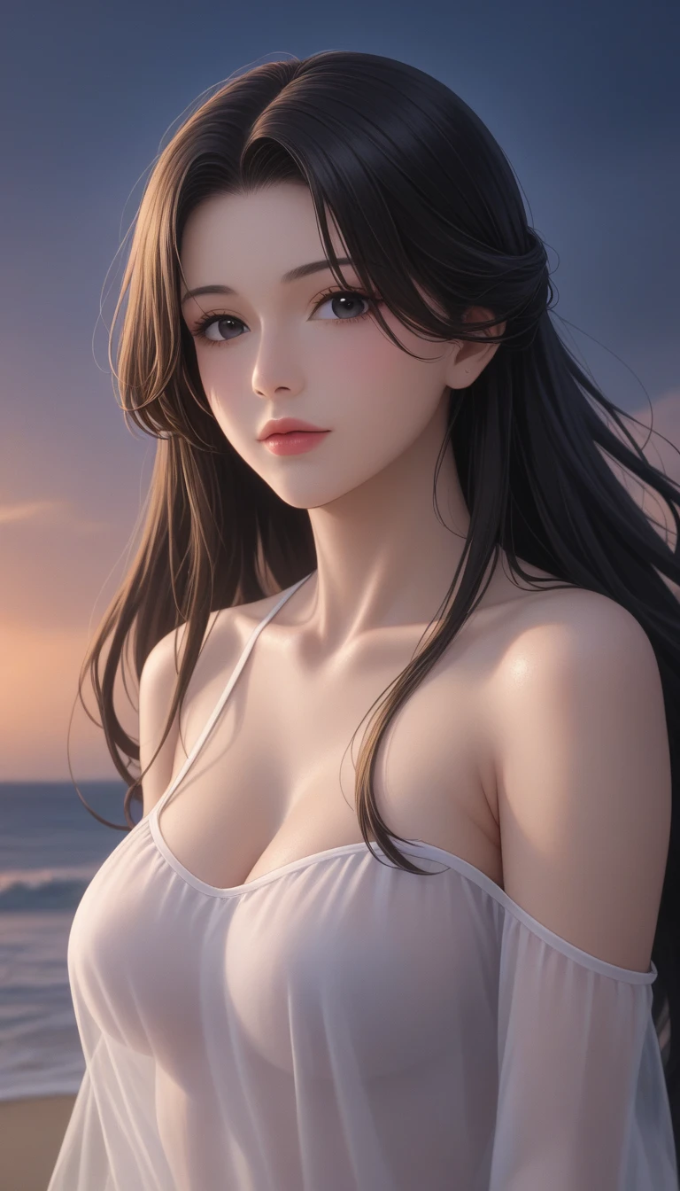 score_9, score_8_superior, score_7_superior, High-resolution CG illustration,A masterpiece in 32K resolution,Highest quality,it is really amazing,Very detailed,Ultra-high resolution,Ultra-realistic,Realistic,Increased depth of field,Cinematic lighting,
Sexy mature Japan woman,
Glossy black hair,Wavy long hair,Showing his forehead,god々Beautiful,Ultra-detailed and beautiful face,Sensual look,Beautiful dark brown, moist eyes,Pitch black eyes,Glowing, moisturized skin,Translucent white skin,born々New skin texture,Great proportions,
(A long, white draped dress in the style of an ancient Greek chiton:1.05),
Simple design,コットンborn地の柔らかな質感,Beautiful flowing drape,
A dark and blurry night background,Dark overcast sky on a dull night,Dark clouds filling the sky,Thundercloud,Coastline at night,Golden reflections on the sea surface,delay々A desolate sandy beach that continues,
Low - Angle,