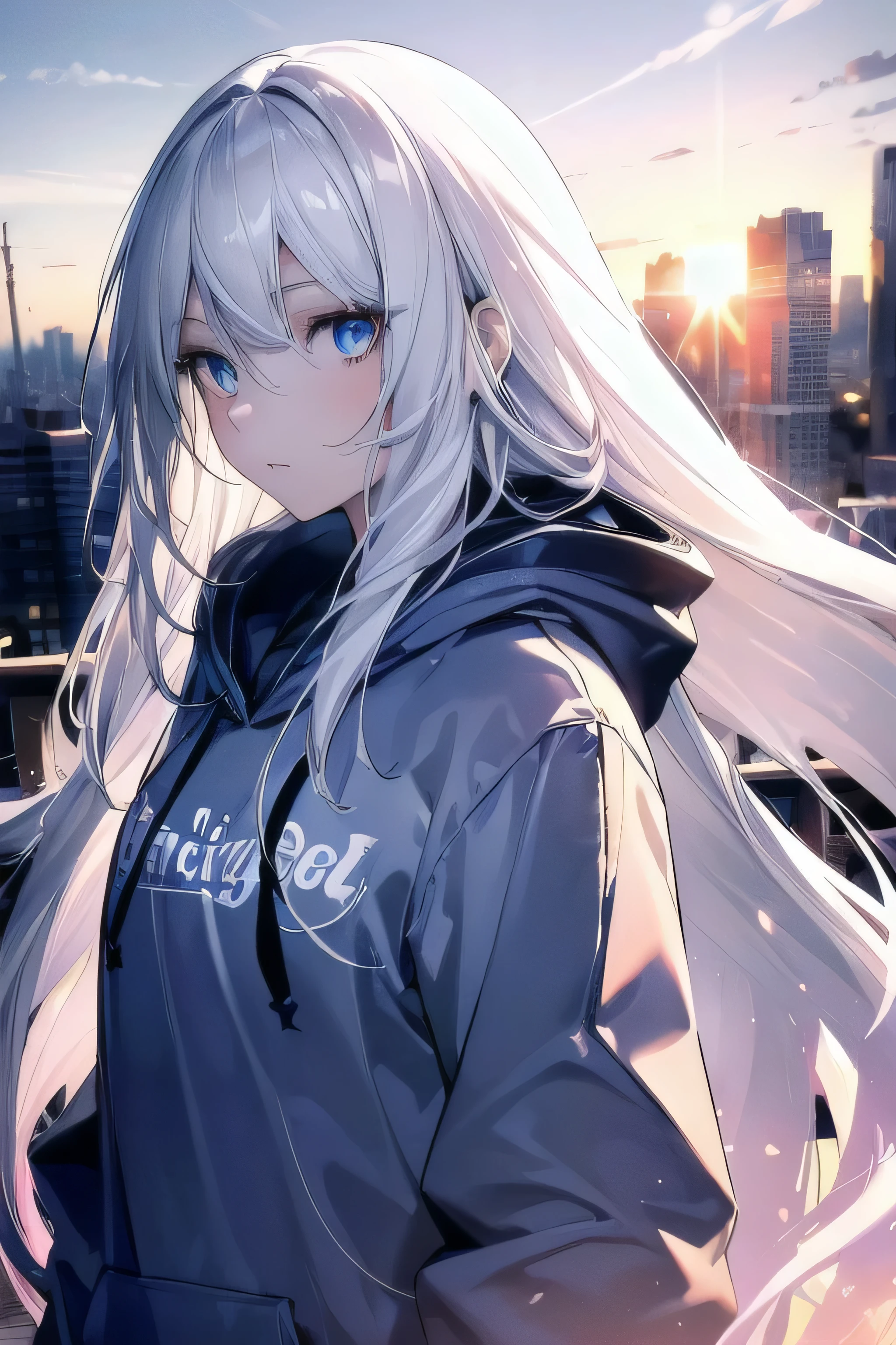 ((masterpiece)), ((best quality)), ((best illustration)), ((ultra-detailed)),((photorealistic color)), 1 lady, solo, ager, absurdly long hair, white hair, straight hair, ((blue eyes)), ((ultra detailed eyes)), ((ultra detailed face)), gloomy, hoodie, thin body, thin arms, long arms, buildings, sunset, backlight