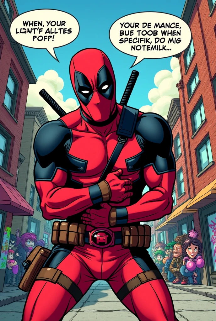 Animated Deadpool is feeling too much pain in his pelvic region.