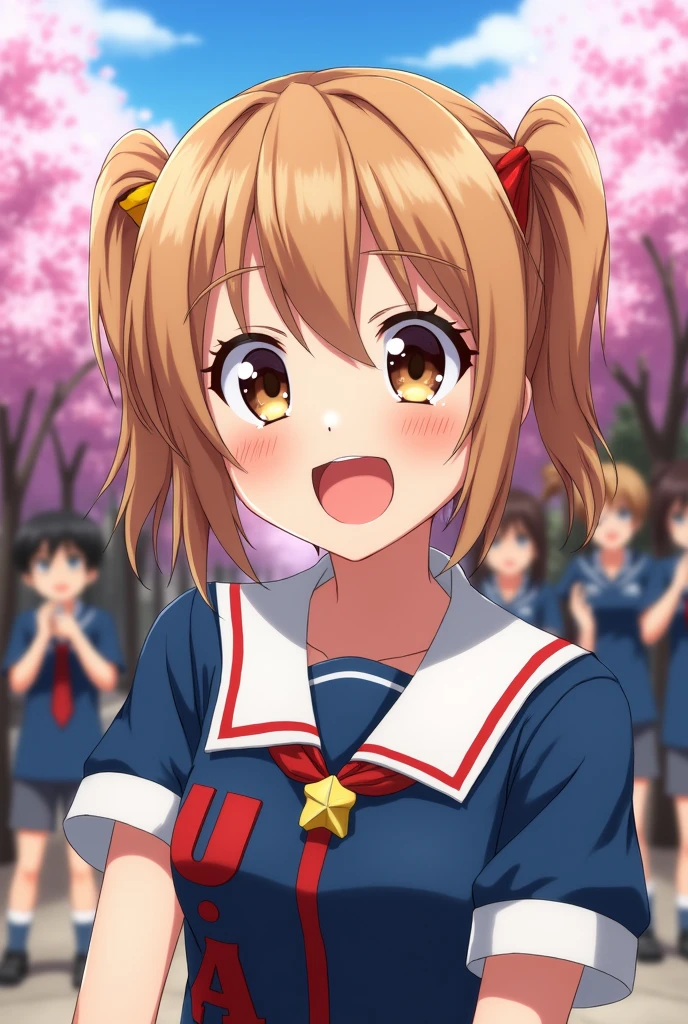(anime)
Light brown haired girl, two blonde strands, light brown eyes, pink lips, in a UA uniform, smiling, in the My Hero Academia manga style