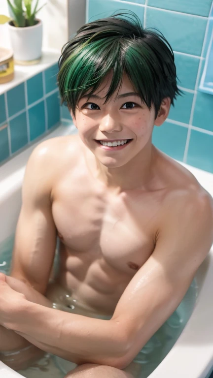 Japanese men、13 years old、Well-developed muscles and smooth skin、Fluffy, voluminous, bright green hair、Thin yellow boxer briefs、You can see the whole body from head to toe.、Smiling softly and friendly、Hero Academy、Manly posing in the bathtub