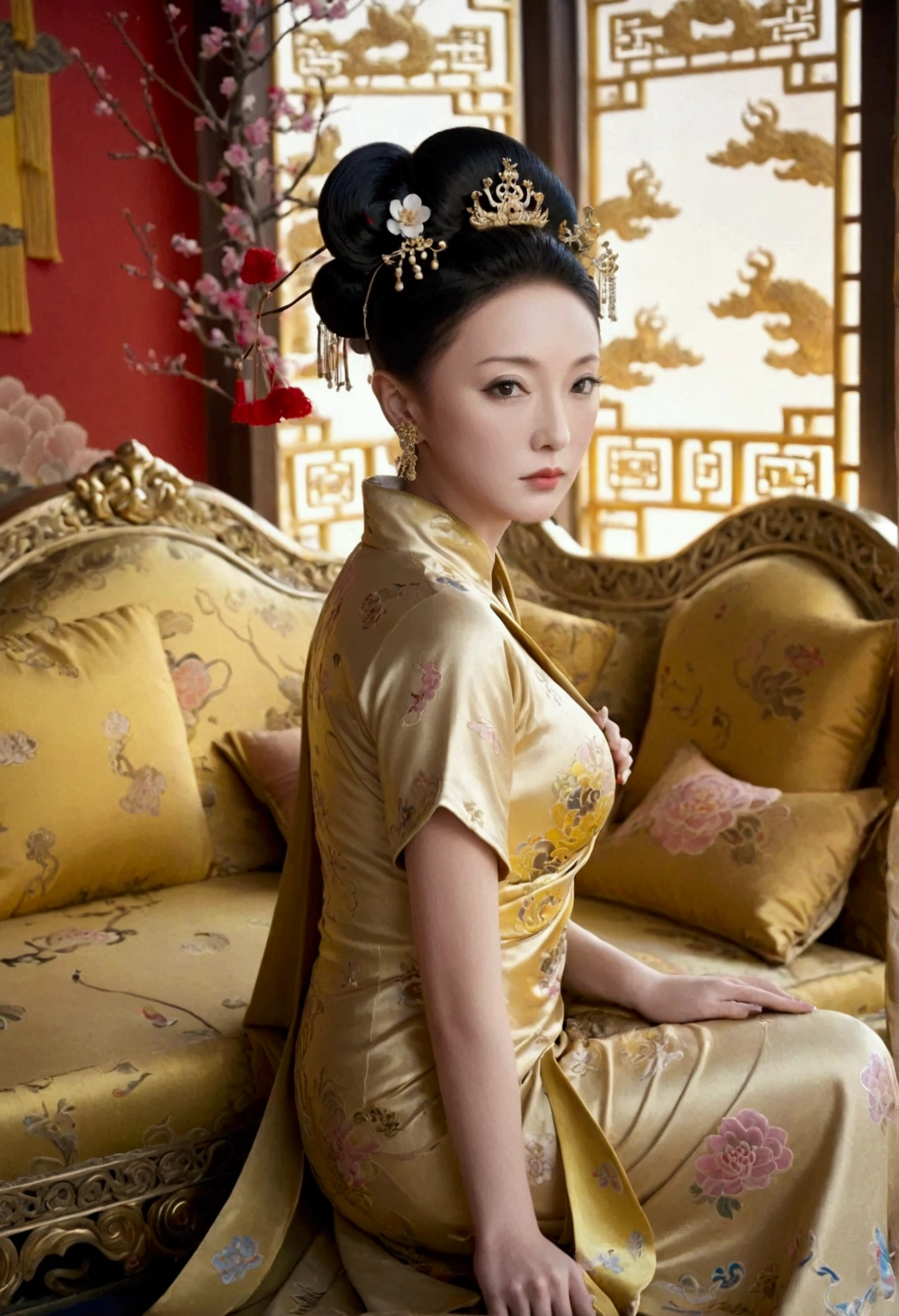 A large golden sofa with a fully naked Chinese Qing Dynasty empress sitting on it, her large breasts exposed and her hair tied to both sides.、Hairpins and flower decorations for Chinese empresses、Hair tied in the back, a perverted and erotic female background、The setting is the luxurious room of the Empress in the Qing Dynasty palace of China。.。
