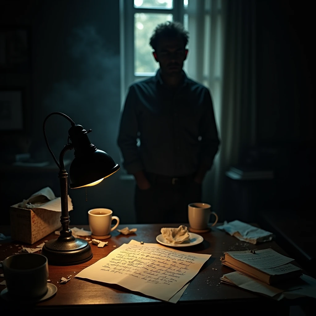 DARK ROOM messy, with a man and a visible letter