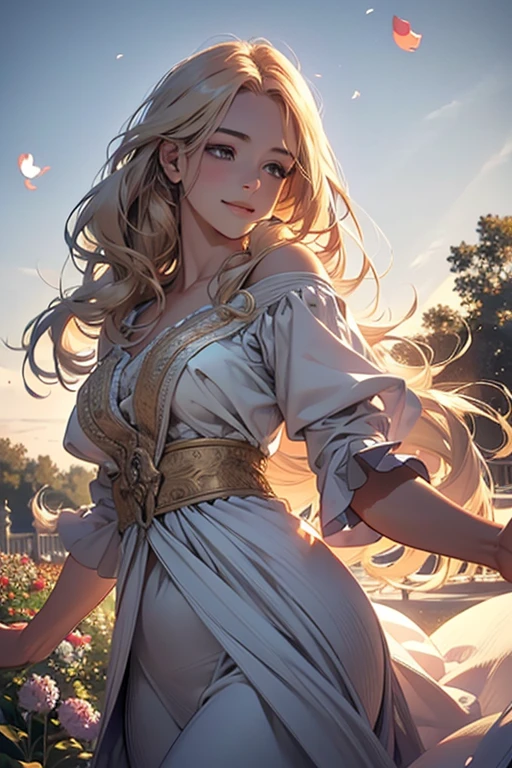 ,(best quality,4k,8k,highres,masterpiece:1.2),ultra-detailed,(realistic,photorealistic,photo-realistic:1.37),oil painting,portrait,colorful,pastel colors,soft lighting,flower garden,serene atmosphere,captivating smile,pure and innocent,golden hour,slightly blurred background,vivid colors,happy expression,long flowing hair,graceful pose,natural lighting,floating petals,dreamy ambiance,gentle breeze,delicate features