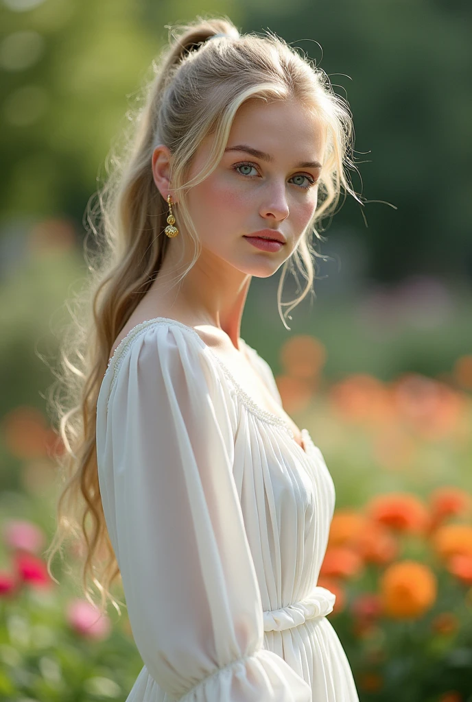 beautiful , Light blue eyes and blonde hair tied in a long ponytail and wavy locks on her face and forehead, refined nose and fair complexion. full lips. Looking at the horizon of a garden, selfie style. serious face. Wearing a white long-sleeved dress and gold earrings