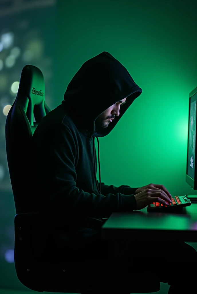 A dark, mysterious image featuring a hooded figure sitting sideways in a gaming chair, typing on a computer. The figure's face should be partially obscured by shadows, with a subtle green glow effect, creating an atmosphere of intrigue and secrecy. The background is dark with some bokeh effects, and the computer screen should emit a faint green light, enhancing the overall eerie and enigmatic vibe. The image should not include any text, labels, or graphic elements like bars.