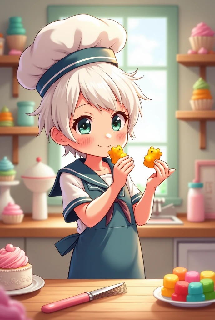 cute boy, pastry chef, eating gummy bears, albino, anime, flirtatious, with a chef's hat, with freckles and sailor clothes
