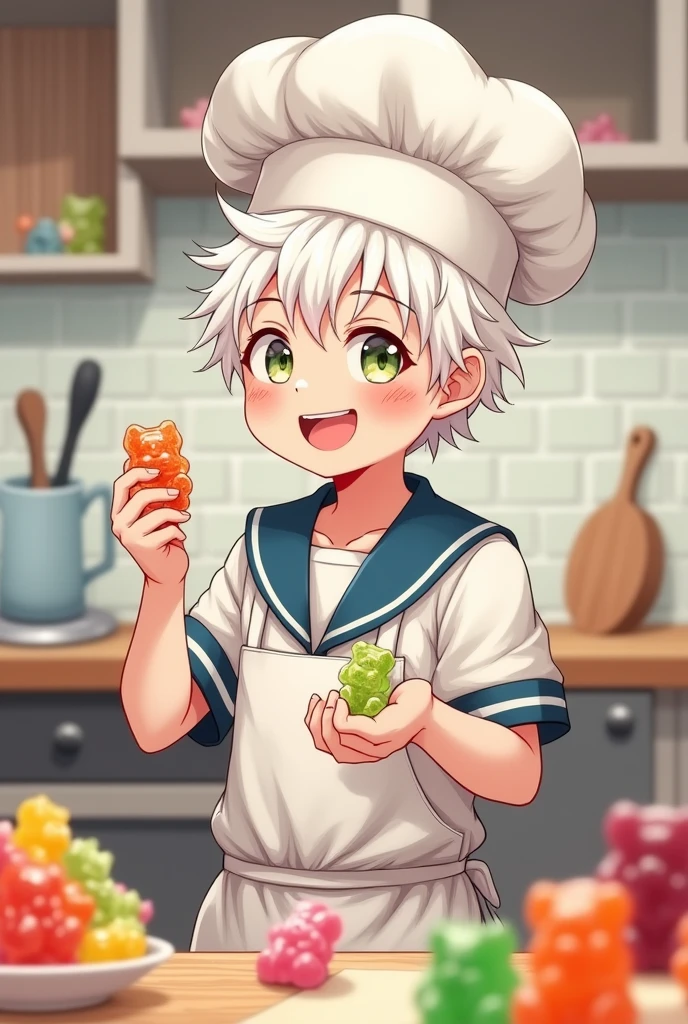 cute boy, pastry chef, eating gummy bears, albino, anime, flirtatious, with a chef's hat, with freckles and sailor clothes