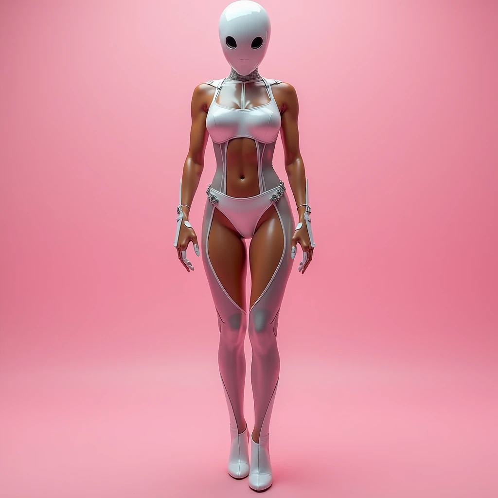 girl jumpsuit white transparent CARAMEL latex mutant waitress robot zombie radical, front-facing, belly slim waist, large bosom, big-ass, muscular thigh, white metallic bikini, light pink 8k , alta definition, sharp details