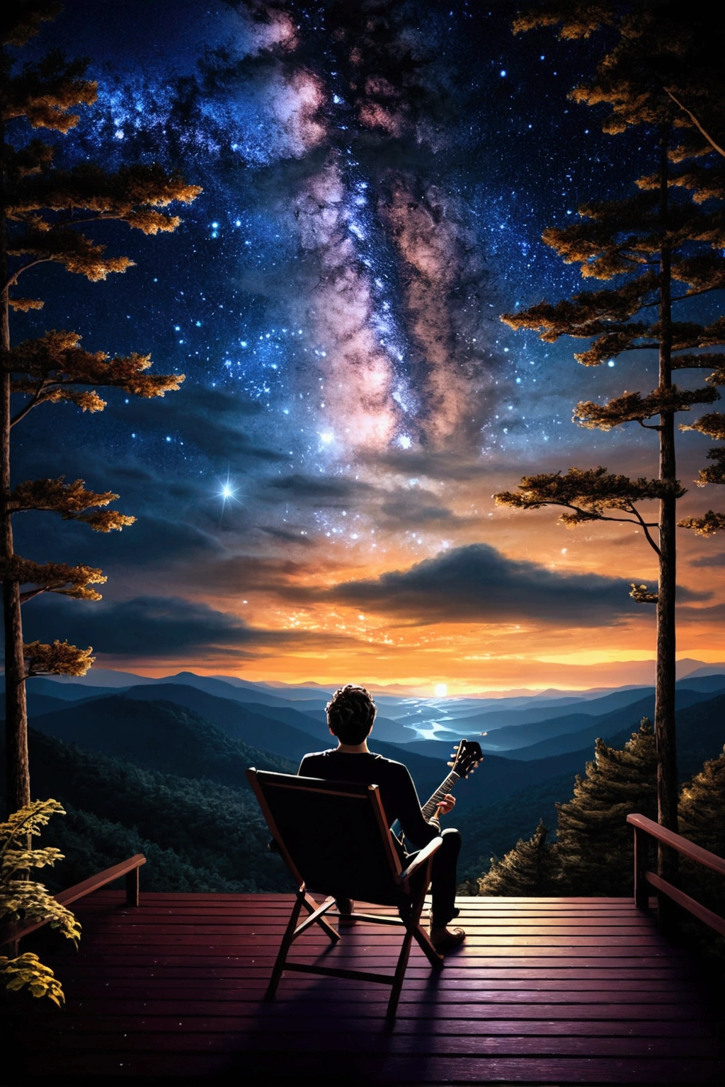realistic, man sitting and playing guitar on the terrace of a romantic caban in forest, from the coast, feeling like they are on top of the world, a magical night, admiring the beauty of the city lights, the trail of the Milky Way, and the sky full of stars, high density of stars in sky