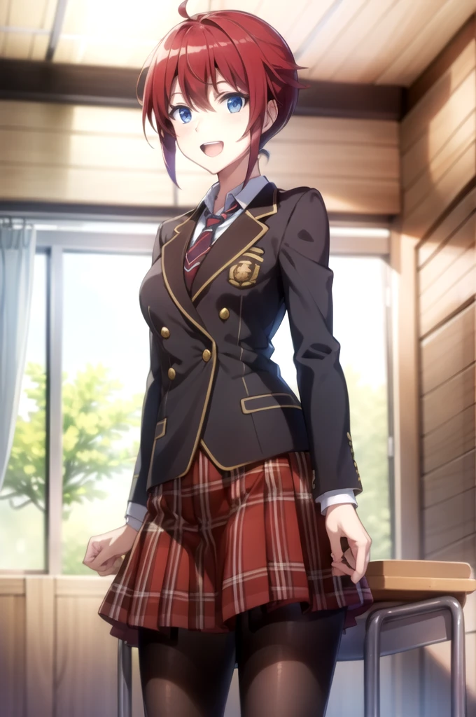 Highest quality, masterpiece, Very detailed,
Aoi Sakurai RW,
Open your mouth, A light smile,
blue eyes, Redhead, short hair, ミディアムshort hair,Boyish hairstyles, school uniform, blazer, tie, Red Skirt, pantyhose,
Are standing, Looking at the audience,
classroom