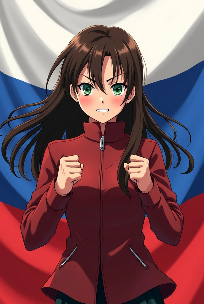 beautiful brunette girl angry on the background of the Russian flag in anime style