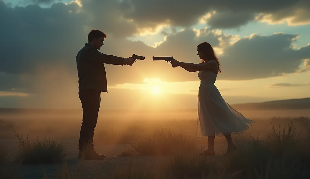 An intense scene of a duel at dawn between two figures, one representing you, standing with determination yet sadness in your eyes. The opponent holds a gun, aiming with cold precision. The setting is a deserted field, with the early morning mist swirling around. The background is a blend of dark clouds and the faint glow of the rising sun, symbolizing the battle between hope and despair. The atmosphere is tense, reflecting the emotional turmoil of being judged and misunderstood by someone close to you."