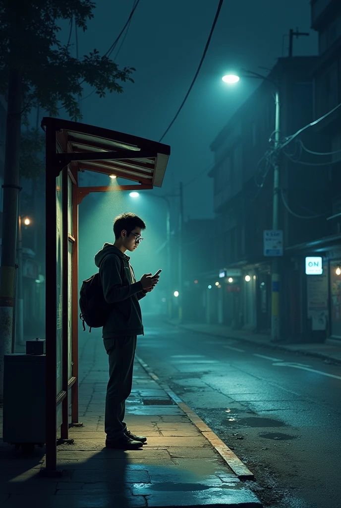 digital art, 25 year old student, asian man, wearing glasses,hold android phone,, standing at the bus stop, alone,the streets are quiet, drizzle, a bit shabby, dark night