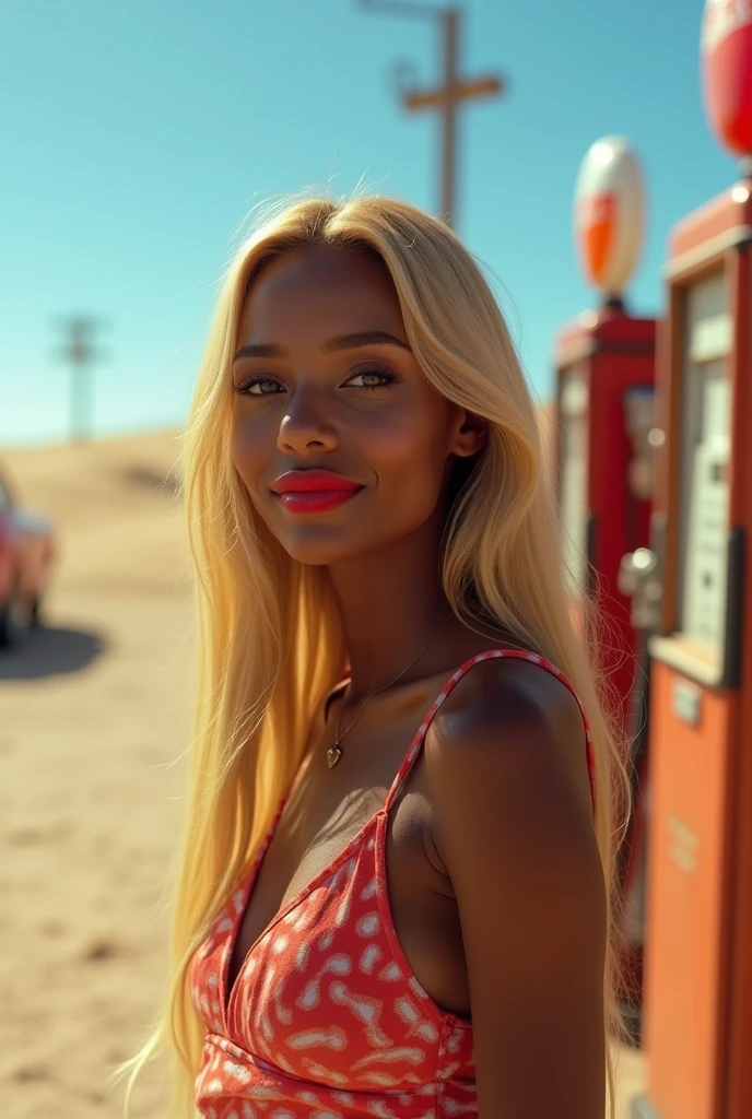 Linda mulher rosto lindo atraente perfeito blonde hair longos lisos , darkskin , red lipgloss stick, blonde hair , she is in the desert at the gas station