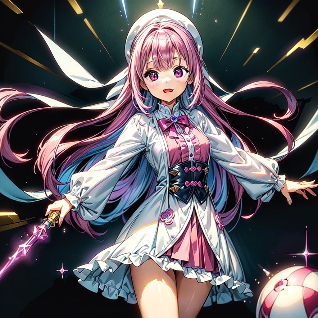 1girl,(((Highest quality、Masterpiece、Official Art、Dynamic composition、Super detailed、Perfect Anatomy)))、Milky white and magenta hair color、Magenta and blue palette、happiness、Happiness、Creative new hairstyle、Unique clothing、Sparkling、mirrornun、A cute, giant wand of a magician、