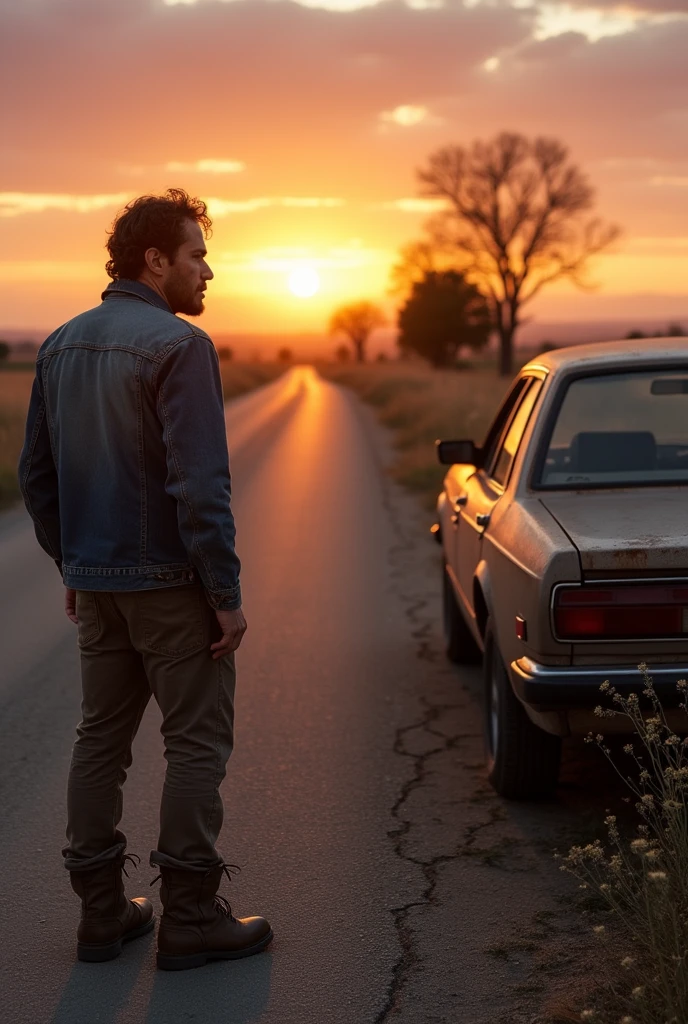 a man on the road is sad, because his car has a flat tire