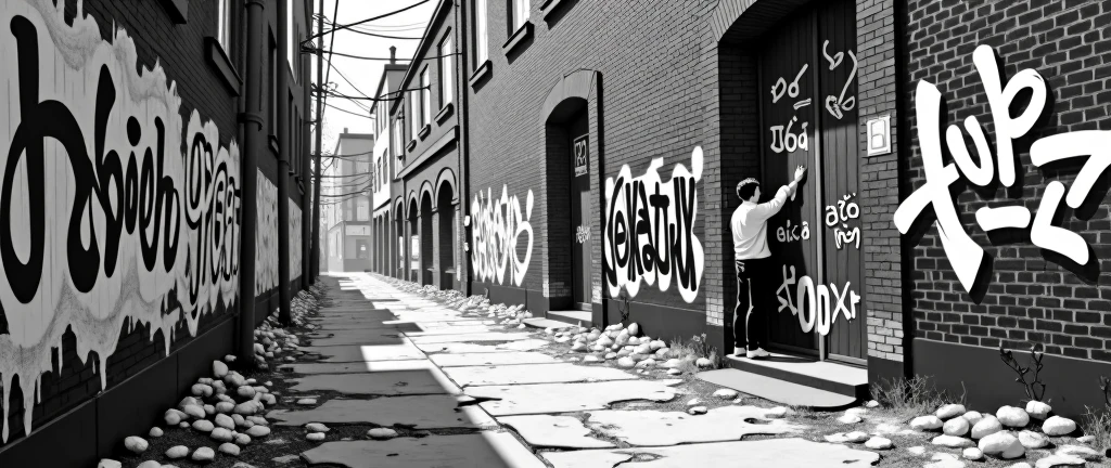 background brick wall with urban graffiti all black and white style, Illustrator Eiichiro Oda