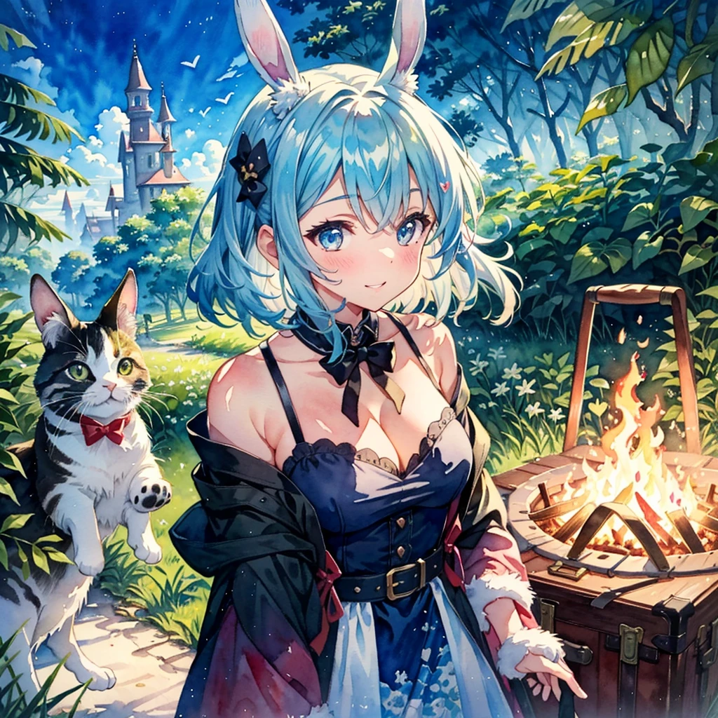 Heartful Love Style, two girls, a feeling of love, 2 women with rabbit ears, shoulders, cleavage, big smile, Dark Fantasy, bone-rabbits, Traveling far away, a lot of luggage, high expectations for a fun trip, Strong wind blowing, Close-up of the upper body, Artistic, memorable masterpieces, moments in history, hell-Bonfire, sea,forest,bone-cats, Future World, Peeping Cats,from above, (Watercolor:1.3), Delicate, Detail, Masterpiece,(colorful)illustration,cute doodle