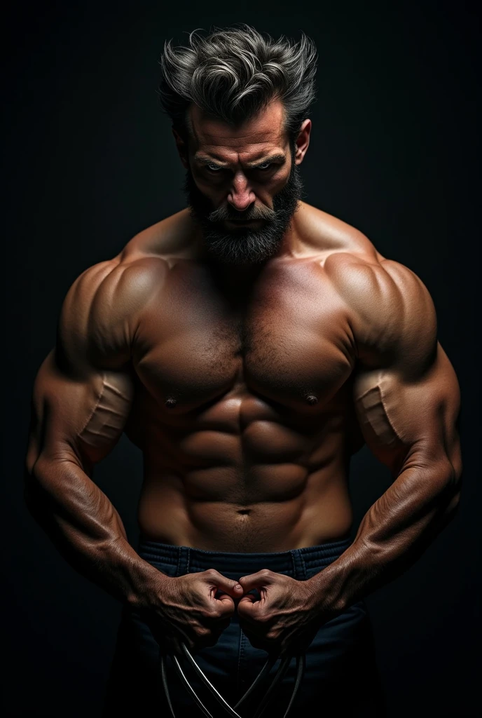 realistic detailed portrait of wolverine, muscular shirtless man with intense gaze, veiny arms, furrowed brow, rugged features, sharp claws, dark background, cinematic lighting, chiaroscuro, gritty texture, moody atmosphere, hyper realistic, photorealistic, 8k, high resolution, masterpiece